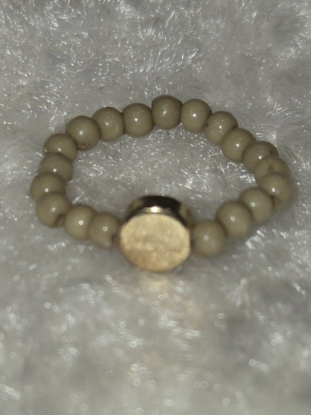Sage Green Beaded Stretch Ring with Gold Disc Accent